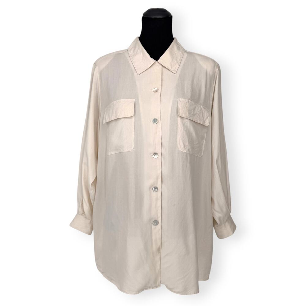 VINTAGE Innovation Sport Women's 18W Oversized 100% Silk Cream Button Down Shirt